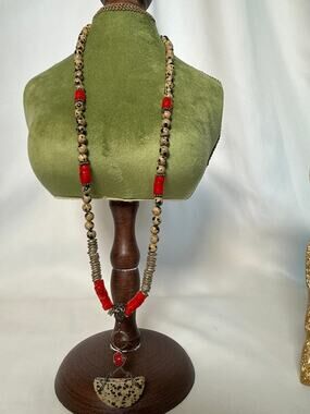 Handcrafted Genuine Gemstone Statement Necklace Dalmatian Jasper & Red Jasper